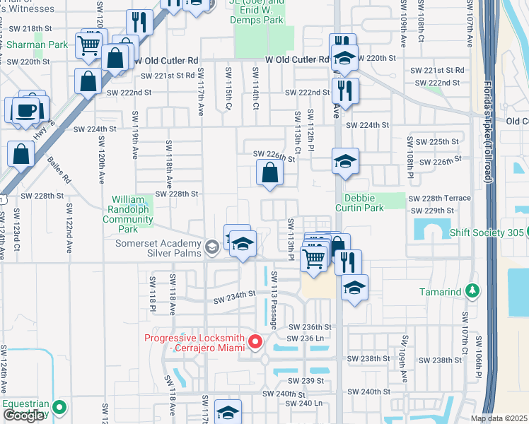 map of restaurants, bars, coffee shops, grocery stores, and more near 25050 Southwest 114th Avenue in Princeton