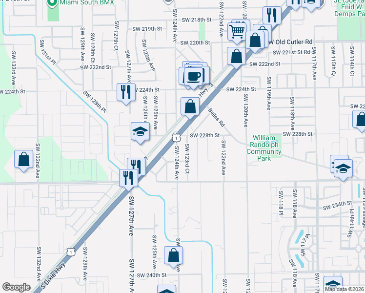 map of restaurants, bars, coffee shops, grocery stores, and more near 22855 Southwest 124th Avenue in Miami