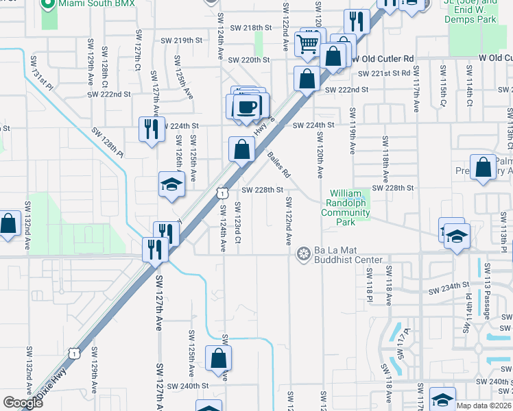 map of restaurants, bars, coffee shops, grocery stores, and more near 22910 Southwest 123rd Avenue in Miami