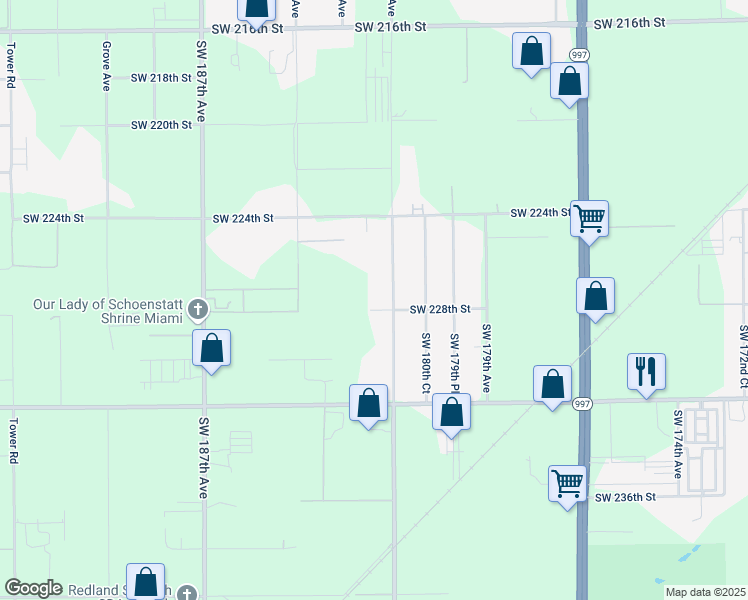 map of restaurants, bars, coffee shops, grocery stores, and more near 18280 Southwest 228th Street in Miami