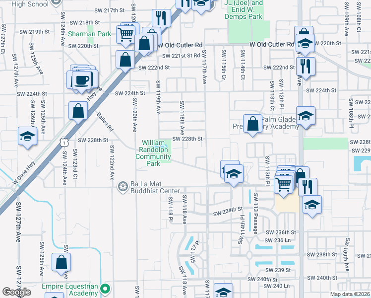 map of restaurants, bars, coffee shops, grocery stores, and more near 23099 Southwest 118th Avenue in Miami