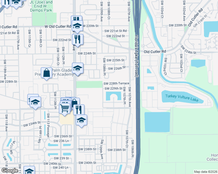 map of restaurants, bars, coffee shops, grocery stores, and more near 10864 Southwest 229th Street in Miami
