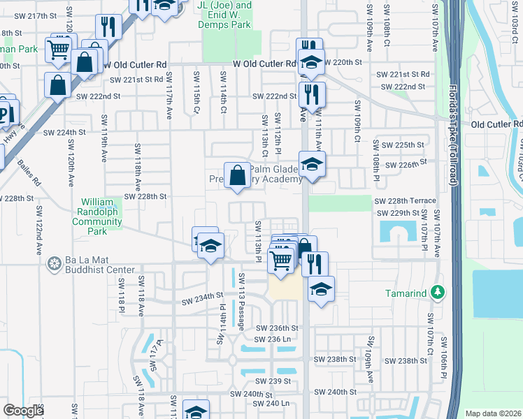 map of restaurants, bars, coffee shops, grocery stores, and more near 22924 Southwest 113th Avenue in Miami