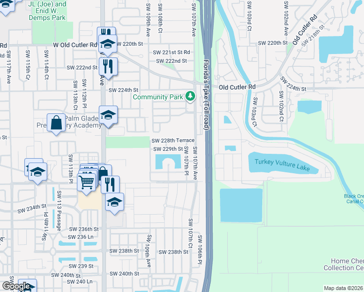 map of restaurants, bars, coffee shops, grocery stores, and more near 10804 Southwest 229th Street in Miami