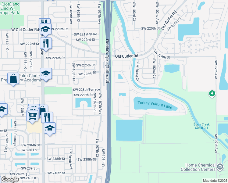 map of restaurants, bars, coffee shops, grocery stores, and more near 22760 Southwest 105th Avenue in Miami