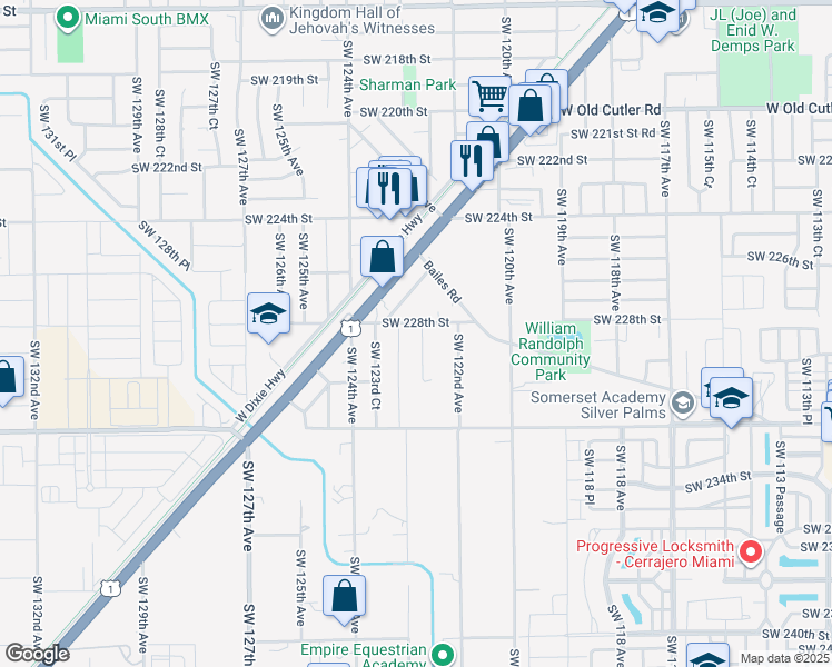 map of restaurants, bars, coffee shops, grocery stores, and more near 12257 Southwest 228th Street in Miami
