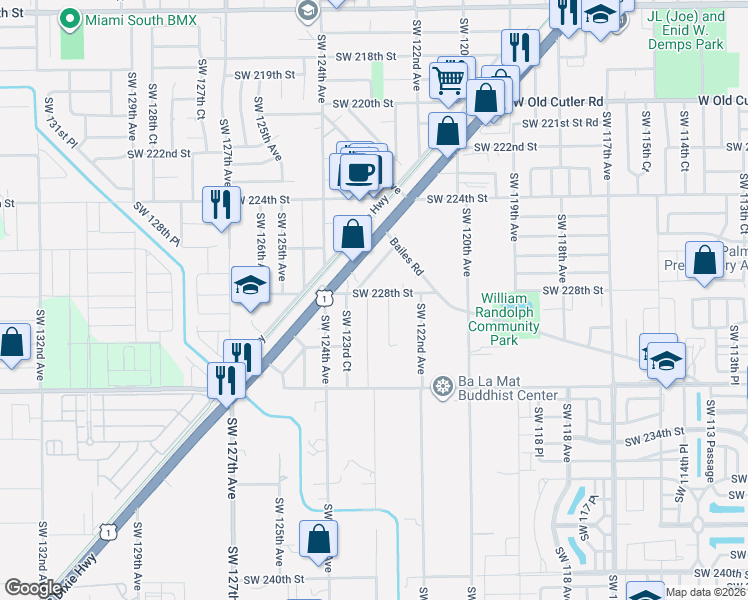 map of restaurants, bars, coffee shops, grocery stores, and more near 22710 Southwest 123rd Road in Miami
