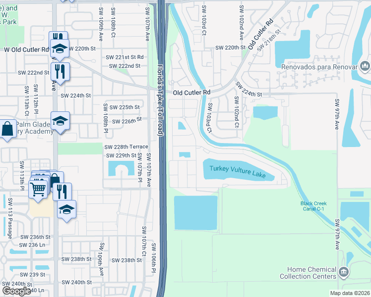 map of restaurants, bars, coffee shops, grocery stores, and more near 10448 Southwest 228th Terrace in Miami