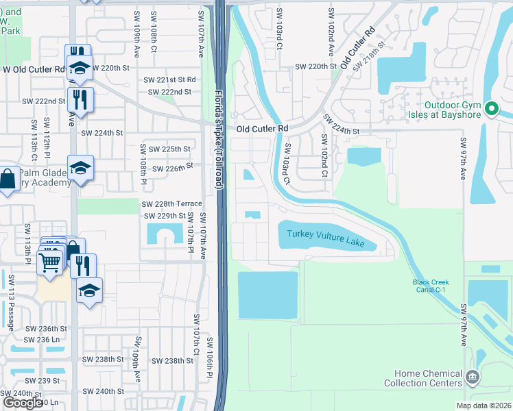 map of restaurants, bars, coffee shops, grocery stores, and more near 10446 Southwest 227th Terrace in Miami
