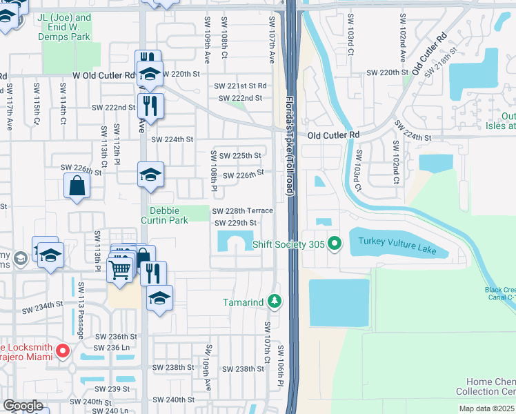 map of restaurants, bars, coffee shops, grocery stores, and more near 10751 Southwest 228th Terrace in Miami