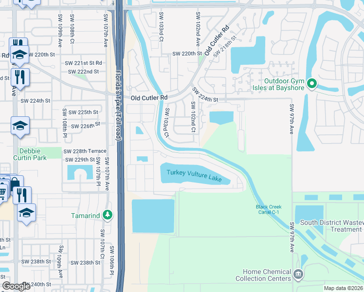map of restaurants, bars, coffee shops, grocery stores, and more near 22772 Southwest 227th Lane in Cutler Bay