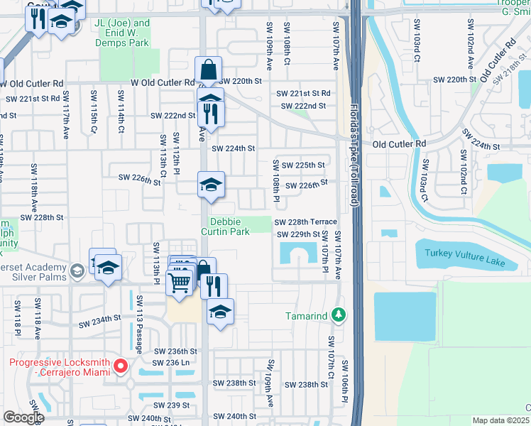 map of restaurants, bars, coffee shops, grocery stores, and more near 10920 Southwest 227th Terrace in Miami
