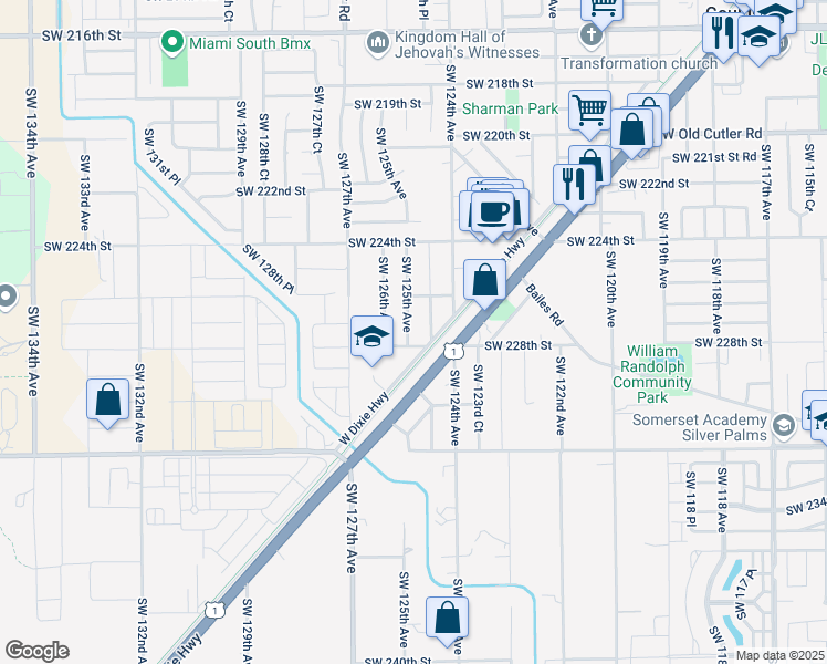 map of restaurants, bars, coffee shops, grocery stores, and more near 22725 Southwest 125th Avenue in Miami