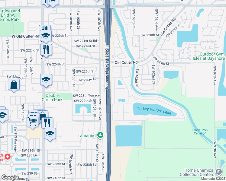 map of restaurants, bars, coffee shops, grocery stores, and more near 22760 Southwest 105th Avenue in Miami