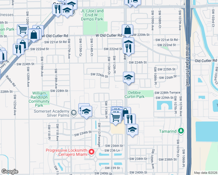map of restaurants, bars, coffee shops, grocery stores, and more near 8957 Southwest 227th Terrace in Miami