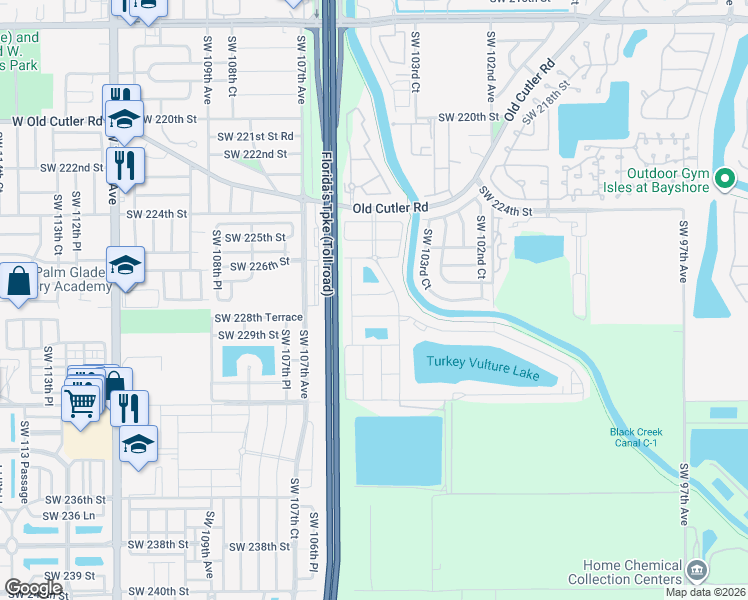 map of restaurants, bars, coffee shops, grocery stores, and more near 10446 Southwest 227th Terrace in Miami