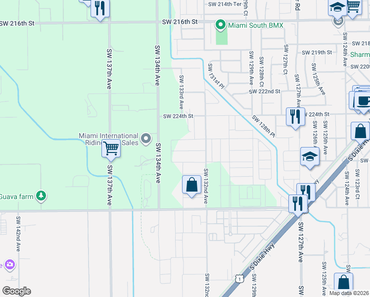 map of restaurants, bars, coffee shops, grocery stores, and more near 13281 Southwest 227th Street in Miami