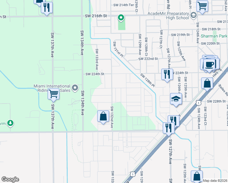 map of restaurants, bars, coffee shops, grocery stores, and more near 13125 Southwest 226th Street in Miami