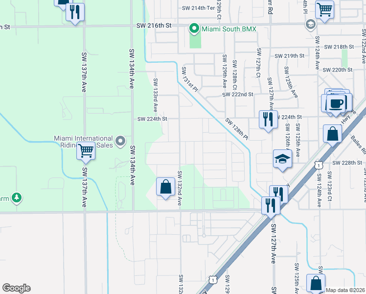 map of restaurants, bars, coffee shops, grocery stores, and more near 13125 Southwest 226th Street in Miami