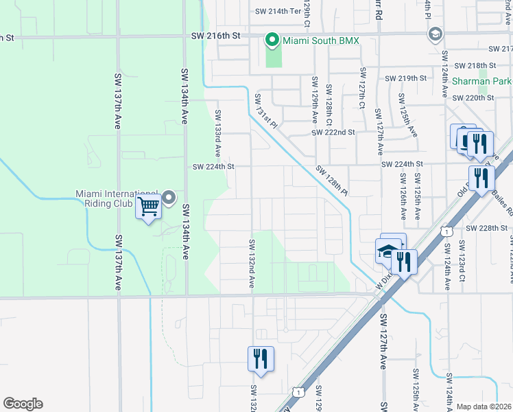 map of restaurants, bars, coffee shops, grocery stores, and more near 13125 Southwest 226th Street in Miami