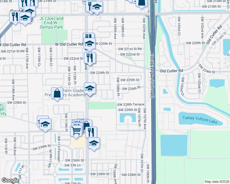 map of restaurants, bars, coffee shops, grocery stores, and more near 10933 Southwest 226th Terrace in Miami