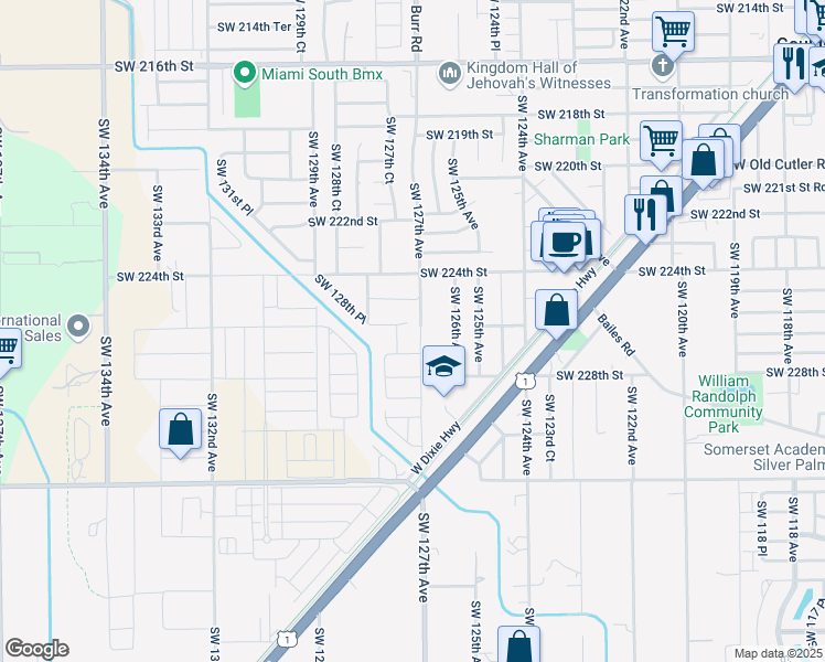 map of restaurants, bars, coffee shops, grocery stores, and more near 22610 Southwest 127th Avenue in Miami