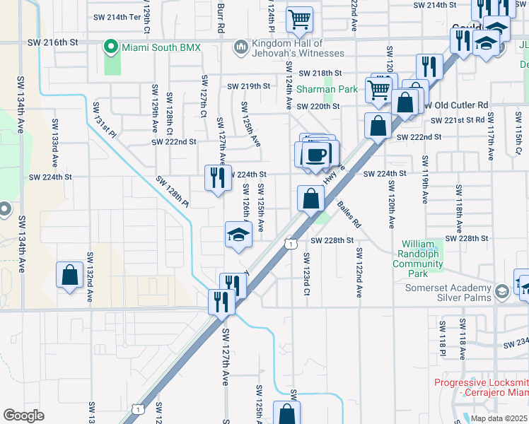 map of restaurants, bars, coffee shops, grocery stores, and more near 22601 Southwest 125th Avenue in Goulds