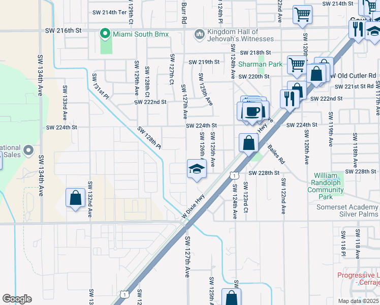 map of restaurants, bars, coffee shops, grocery stores, and more near 22610 Southwest 127th Avenue in Miami