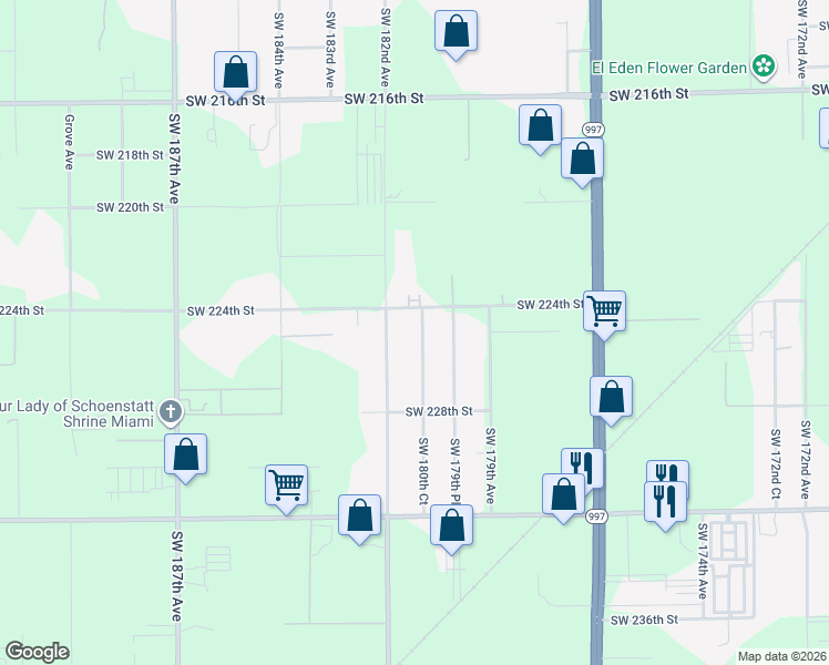 map of restaurants, bars, coffee shops, grocery stores, and more near 22500 Southwest 180th Court in Miami