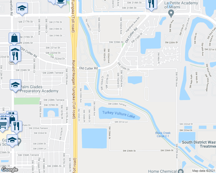 map of restaurants, bars, coffee shops, grocery stores, and more near 10284 Southwest 226th Terrace in Cutler Bay