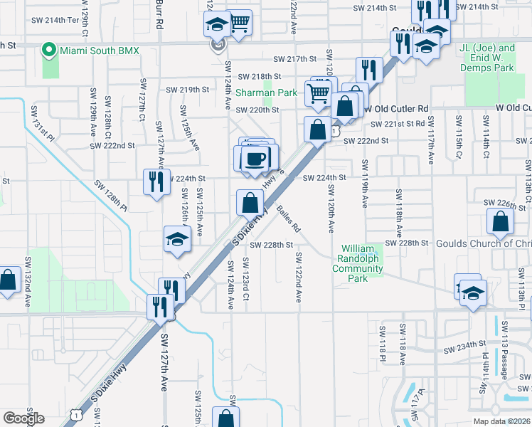 map of restaurants, bars, coffee shops, grocery stores, and more near 22607 South Dixie Highway in Miami