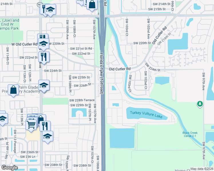 map of restaurants, bars, coffee shops, grocery stores, and more near 22618 Southwest 105th Avenue in Miami