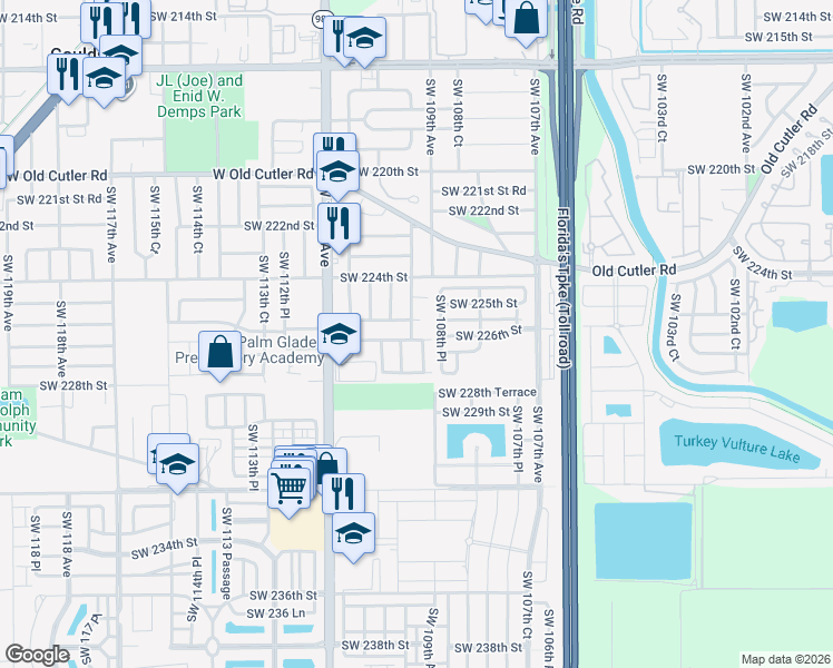 map of restaurants, bars, coffee shops, grocery stores, and more near 10933 Southwest 226th Terrace in Miami