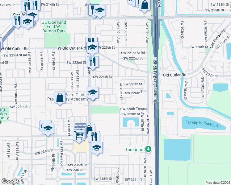 map of restaurants, bars, coffee shops, grocery stores, and more near 10933 Southwest 226th Terrace in Miami
