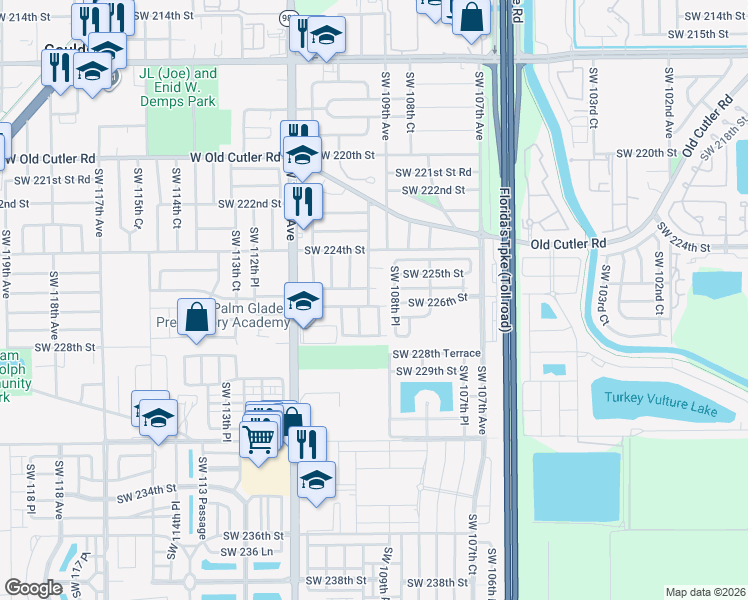 map of restaurants, bars, coffee shops, grocery stores, and more near 10933 Southwest 226th Terrace in Miami