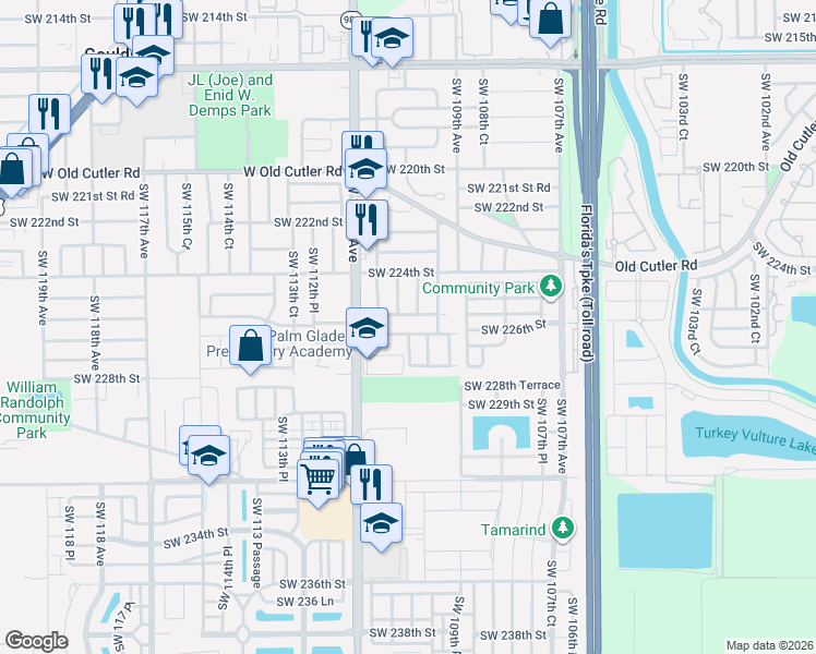 map of restaurants, bars, coffee shops, grocery stores, and more near 11001 Southwest 226th Terrace in Miami
