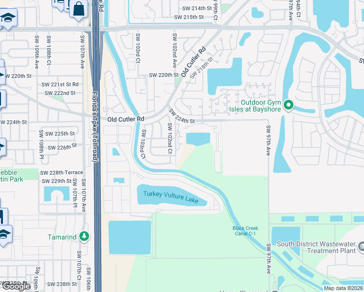 map of restaurants, bars, coffee shops, grocery stores, and more near 22563 Southwest 102nd Avenue in Miami