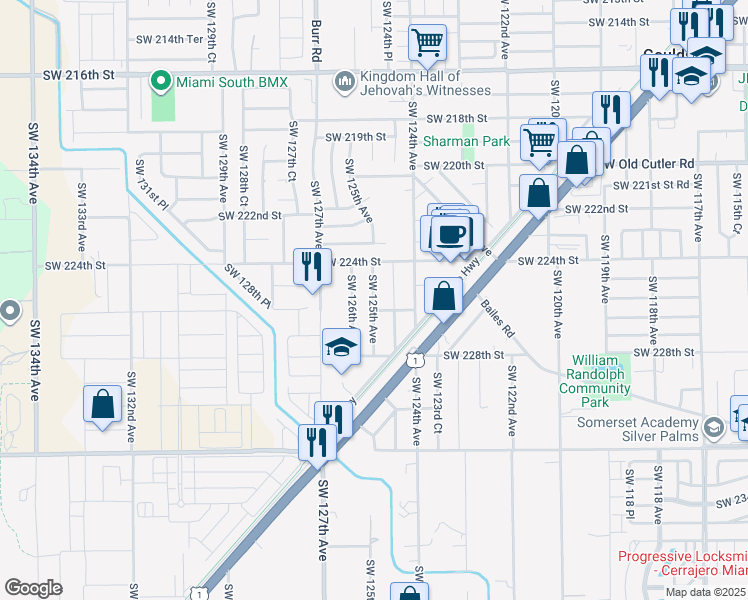 map of restaurants, bars, coffee shops, grocery stores, and more near 22601 Southwest 125th Avenue in Goulds