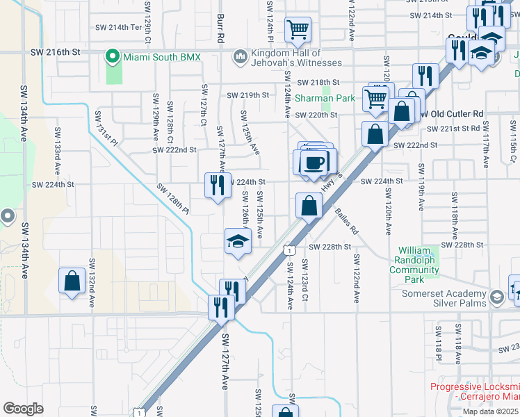 map of restaurants, bars, coffee shops, grocery stores, and more near 22601 Southwest 125th Avenue in Goulds