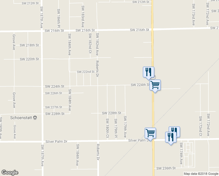 map of restaurants, bars, coffee shops, grocery stores, and more near 18000 Southwest 224th Street in Miami