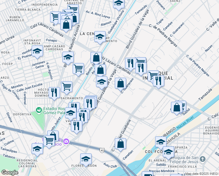 map of restaurants, bars, coffee shops, grocery stores, and more near 239 Francisco González de la Vega in Gómez Palacio