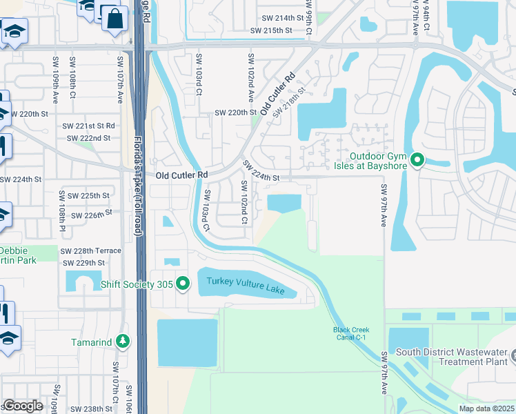 map of restaurants, bars, coffee shops, grocery stores, and more near 22563 Southwest 102nd Avenue in Miami