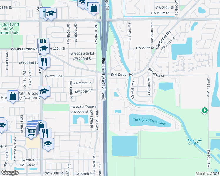 map of restaurants, bars, coffee shops, grocery stores, and more near 22618 Southwest 105th Avenue in Miami