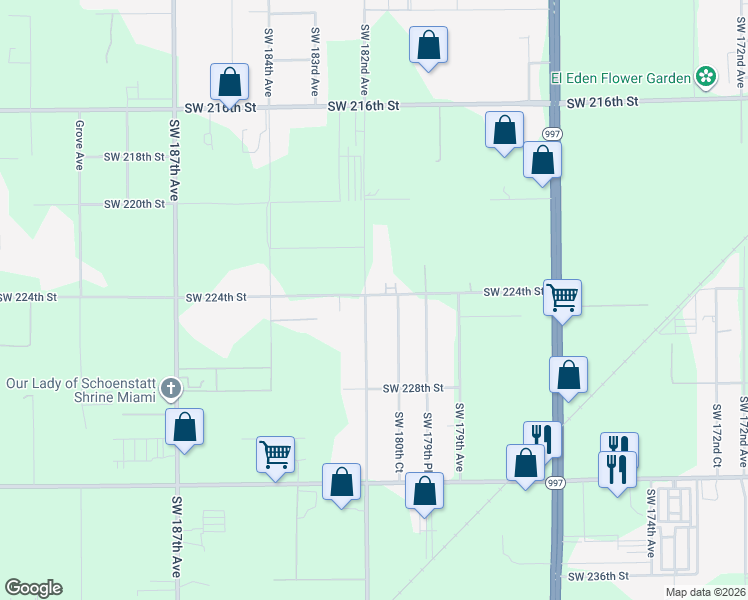 map of restaurants, bars, coffee shops, grocery stores, and more near 22500 Southwest 180th Court in Miami