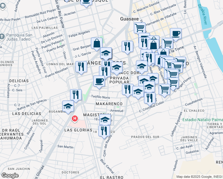 map of restaurants, bars, coffee shops, grocery stores, and more near in Guasave