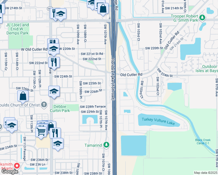 map of restaurants, bars, coffee shops, grocery stores, and more near 22555 Southwest 107th Avenue in Goulds