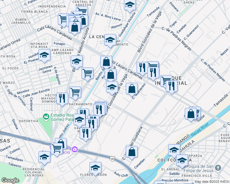 map of restaurants, bars, coffee shops, grocery stores, and more near 239 Francisco González de la Vega in Gómez Palacio