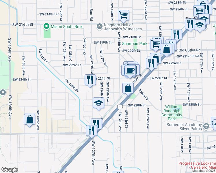 map of restaurants, bars, coffee shops, grocery stores, and more near 22601 Southwest 125th Avenue in Goulds