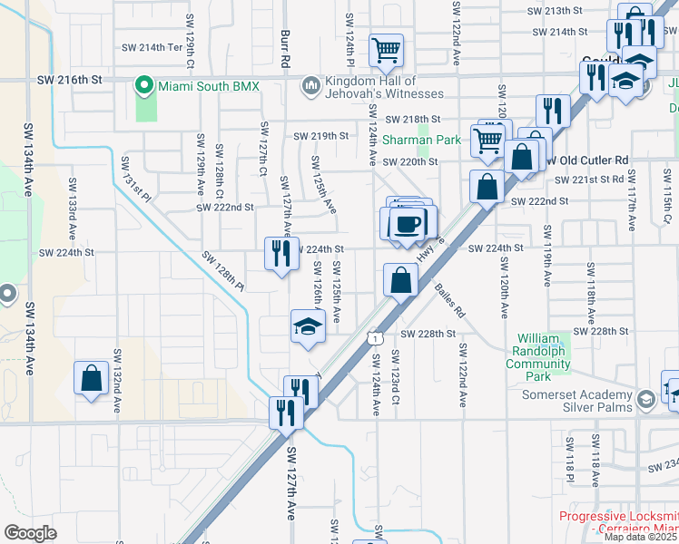 map of restaurants, bars, coffee shops, grocery stores, and more near 12490 Southwest 224th Street in Miami