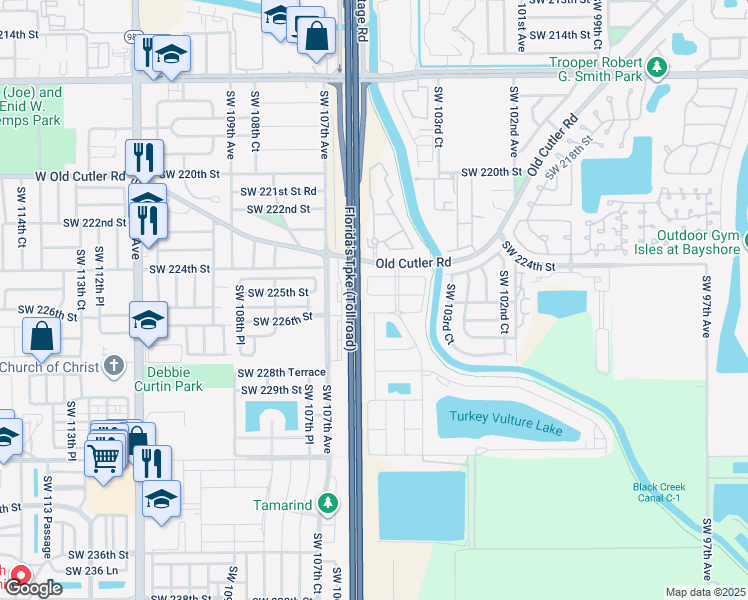 map of restaurants, bars, coffee shops, grocery stores, and more near 22465 Southwest 105th Court in Miami